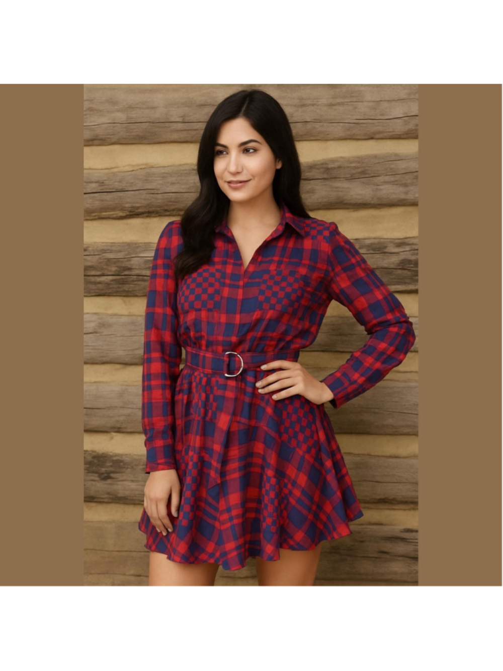 Asymmetrical dress features a bold red and blue plaid jacquard pattern. Small